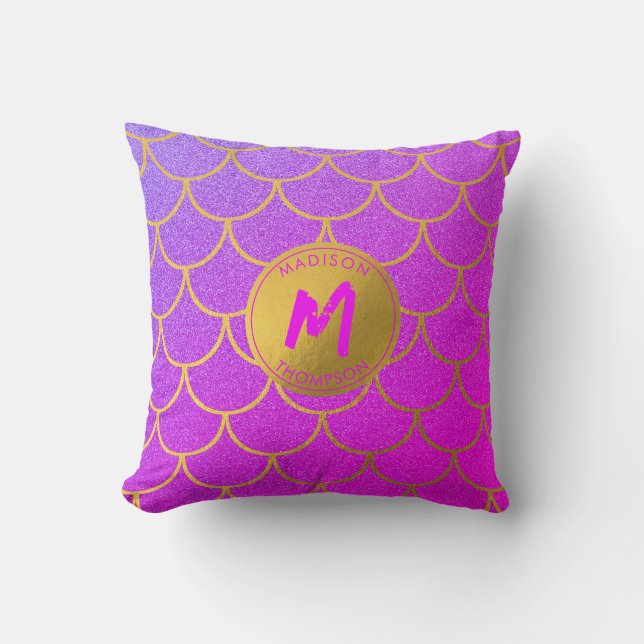 Gold Mermaid Scales Pink Glitter Pattern Monogram Throw Pillow (Front)