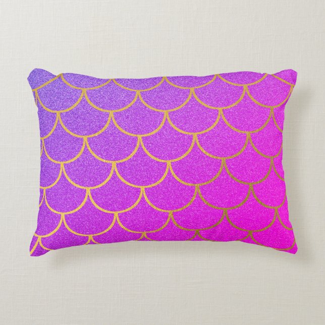 Gold Mermaid Scales Pink Purple Glitter Accent Pillow (Front)