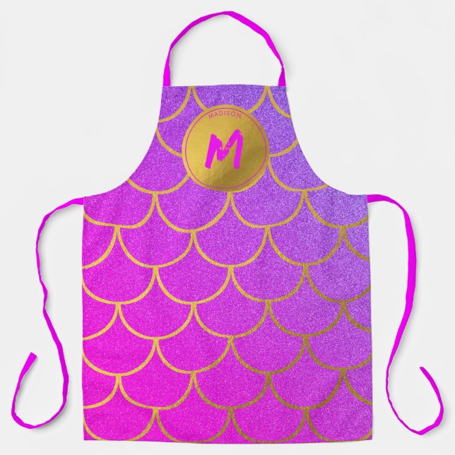 Gold Mermaid Scales Pink Purple Glitter Monogram Apron (Front)