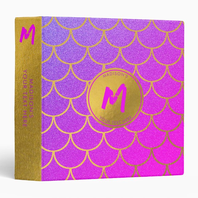 Gold Mermaid Scales Pink Purple Glitter Monogram  Binder (Front/Spine)
