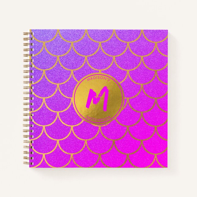Gold Mermaid Scales Pink Purple Glitter Sketchbook Notebook (Front)