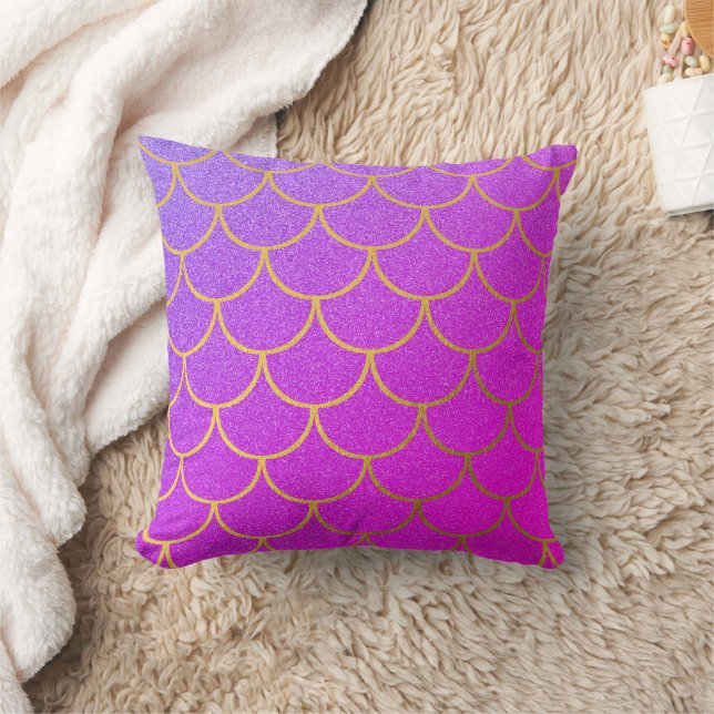 Gold Mermaid Scales Pink Purple Glitter Throw Pillow (Blanket)
