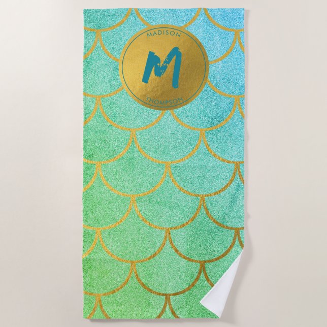 Gold Mermaid Scales Teal Glitter  Pattern Monogram Beach Towel (Front)