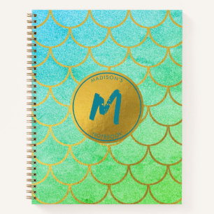 Gold Mermaid Scales Teal Glitter  Pattern Monogram Notebook