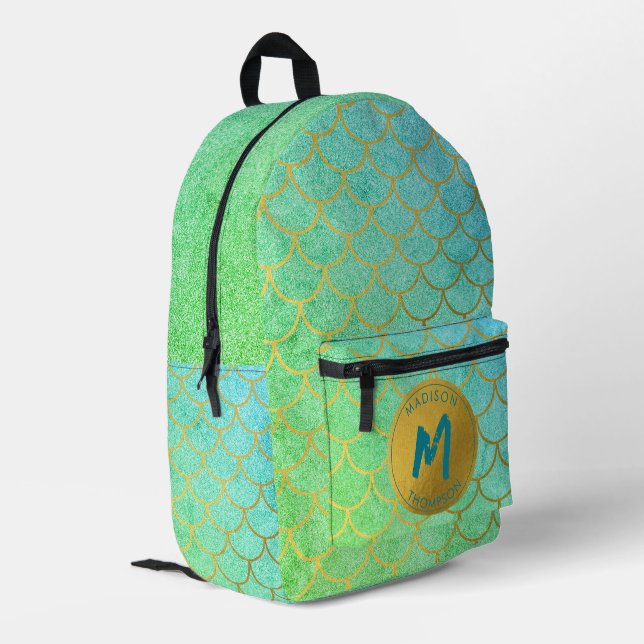 Gold Mermaid Scales Teal Glitter  Pattern Monogram Printed Backpack (Back Corner Left)