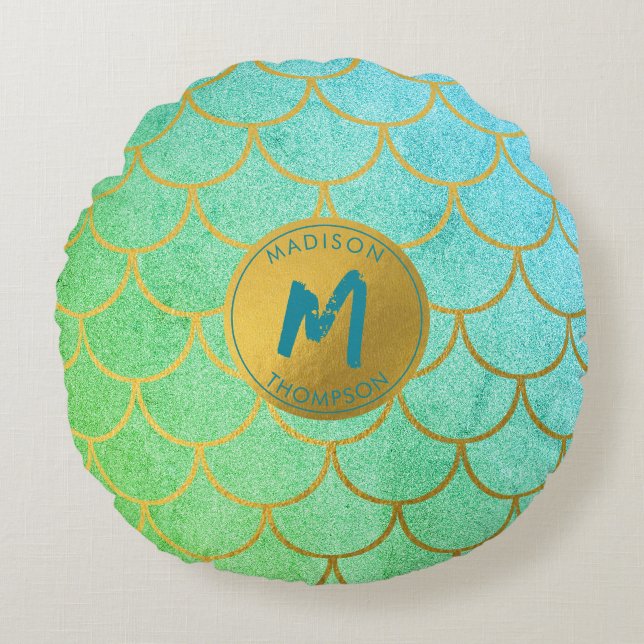 Gold Mermaid Scales Teal Glitter  Pattern Monogram Round Pillow (Front)