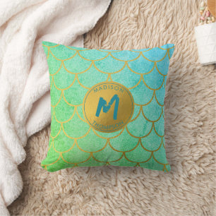 Gold Mermaid Scales Teal Glitter  Pattern Monogram Throw Pillow