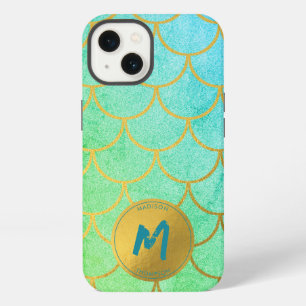 Gold Mermaid Scales Teal Pattern Monogram iPhone 13 Case