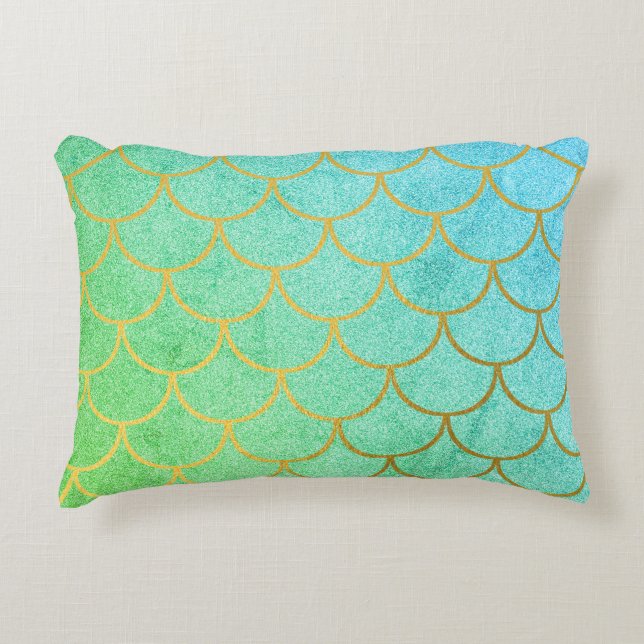 Gold Mermaid Scales Teal Turquoise Glitter  Accent Pillow (Front)