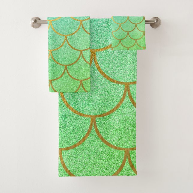 Gold Mermaid Scales Teal Turquoise Glitter Bath Towel Set (Insitu)