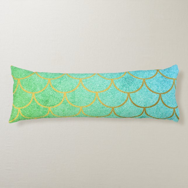 Gold Mermaid Scales Teal Turquoise Glitter Body Pillow (Front)