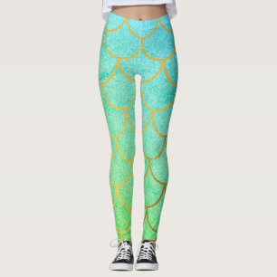 Gold Mermaid Scales Teal Turquoise Glitter Leggings