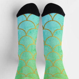 Gold Mermaid Scales Teal Turquoise Glitter  Socks