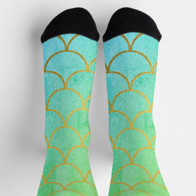 Gold Mermaid Scales Teal Turquoise Glitter  Socks (Top)