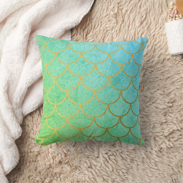 Gold Mermaid Scales Teal Turquoise Glitter Throw Pillow (Blanket)