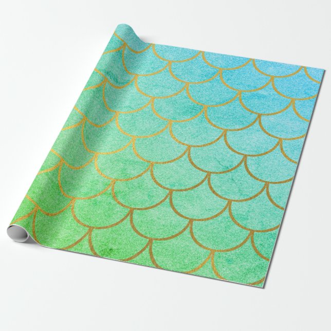 Gold Mermaid Scales Teal Turquoise Glitter  Wrapping Paper (Unrolled)