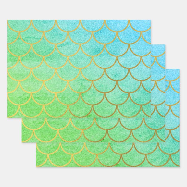 Gold Mermaid Scales Teal Turquoise Glitter Wrapping Paper Sheet (Set)