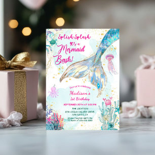 Gold Mermaid Tail Girl 1st Birthday Party Invitation