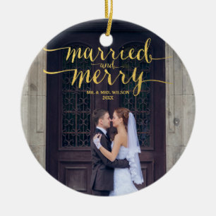 Gold Merry and Married Newlyweds Holiday Photo Ceramic Ornament