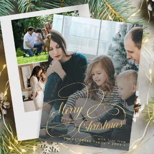 Gold Merry Christmas 4 photo collage Holiday Card