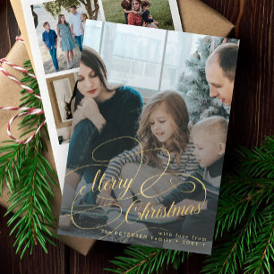 Gold Merry Christmas 5 photo collage Holiday Card