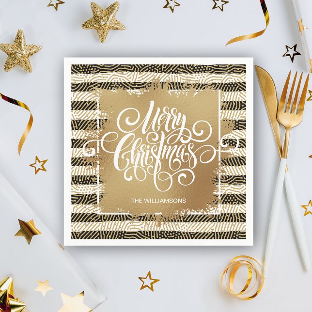 Gold Merry Christmas Black White Stripes Napkin (Creator Uploaded)