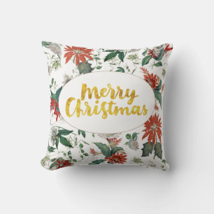 Gold Merry Christmas Botanical Red Floral Pattern Throw Pillow