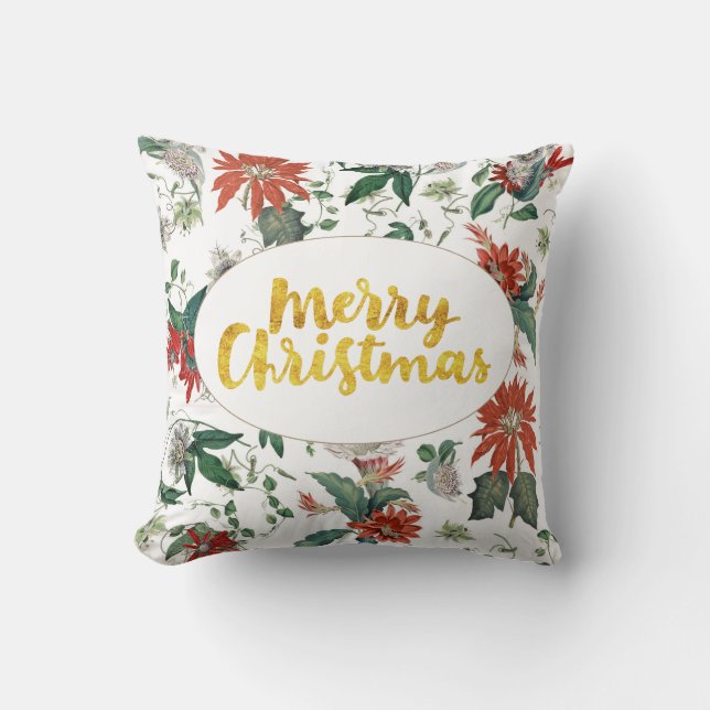Gold Merry Christmas Botanical Red Floral Pattern Throw Pillow (Front)