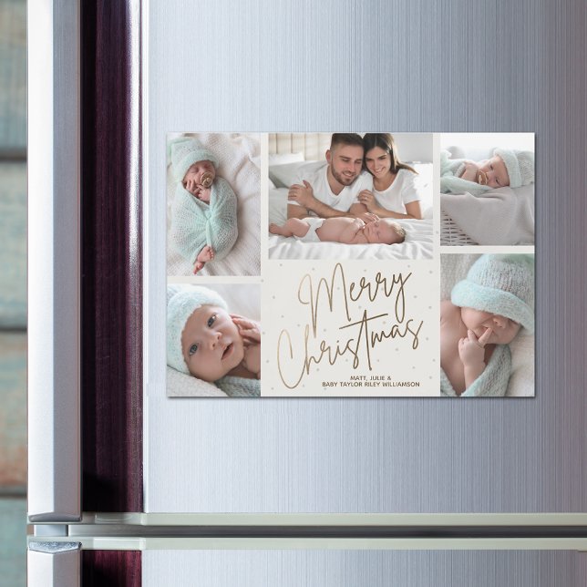 Gold Merry Christmas Five Photos Magnetic Card (Faux gold Merry Christmas 5 photo white border magnetic Christmas cards)