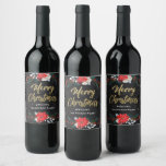 Gold Merry Christmas Floral Wine Label Chalkboard<br><div class="desc">Perfect personalized wine labels for celebrating Christmas party or holiday hostess gifts. Chalkboard background and gold script Merry Christmas with floral element winter holidays.</div>