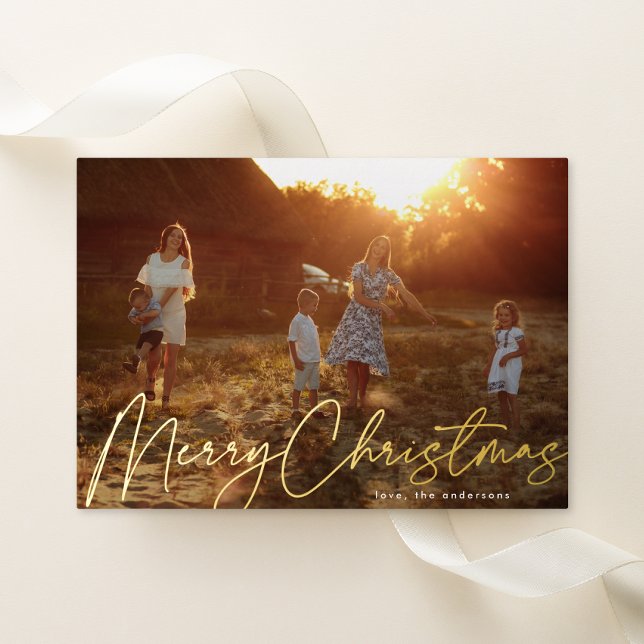 Gold Merry Christmas Full Bleed 1 Photo Foil Holiday Card (Creator Uploaded)