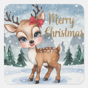 Gold Merry Christmas Girl Reindeer Square Sticker