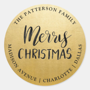Gold Merry Christmas Handwritten   Return Address Classic Round Sticker