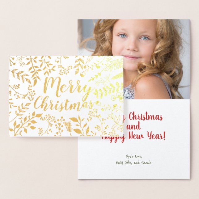 Gold Merry Christmas Holiday Circle Floral Photo Foil Card (Display)