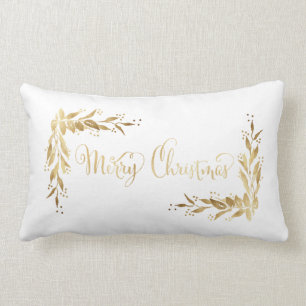 Gold Merry Christmas Holly Berry Wreath on White Lumbar Pillow
