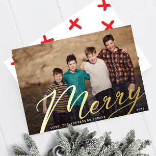 Gold Merry   Christmas Landscape Family Photo Foil Holiday Card