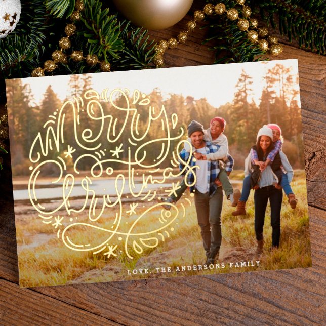Gold Merry Christmas Lettering Family Photo Foil Holiday Card (Creator Uploaded)