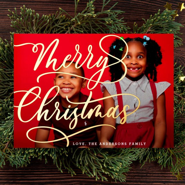 Gold Merry | Christmas Lettering Family Photo Foil Holiday Card (Creator Uploaded)