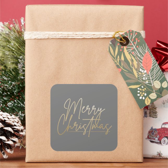 Gold Merry Christmas Luxe Grey Square Sticker (Holiday)