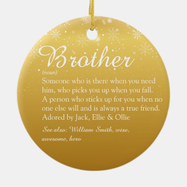 Gold Merry Christmas Modern Fun Brother Definition Ceramic Ornament (Back)
