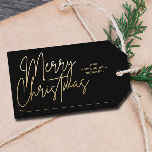 Gold Merry Christmas on Black Gift Tags
