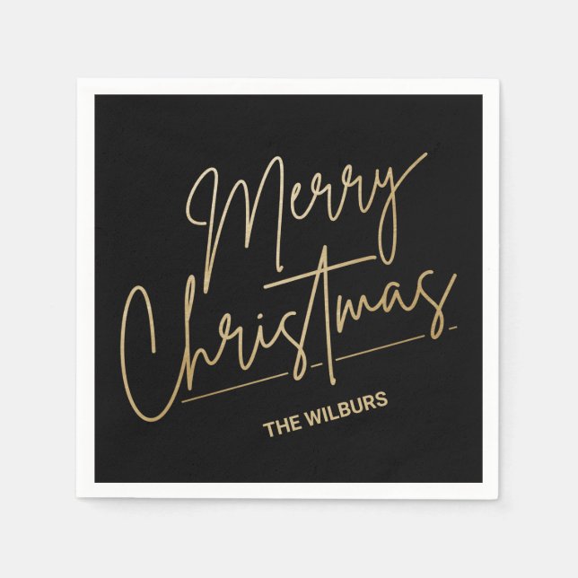 Gold Merry Christmas on Black Personalized Napkin (Front)