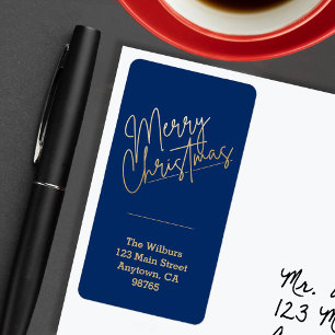 Gold Merry Christmas on Blue Return Address Label