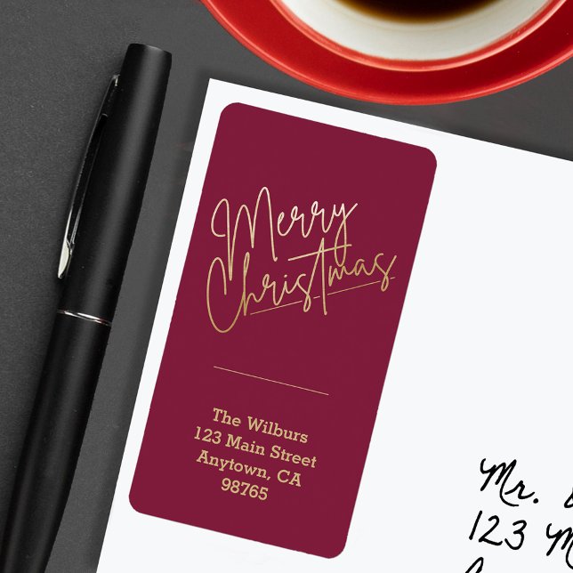 Gold Merry Christmas on Cranberry Return Address Label (Gold Merry Christmas on Cranberry Return Address Labels)