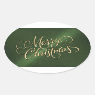 Gold Merry Christmas on Green Oval Sticker