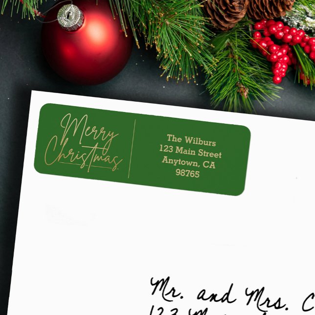 Gold Merry Christmas on Green Return Address Label (Gold Merry Christmas script on green return address labels)