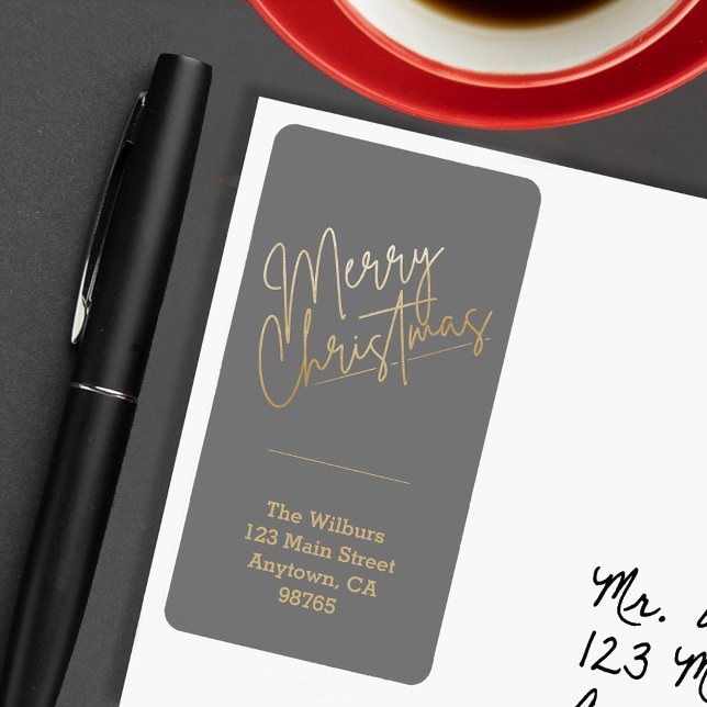 Gold Merry Christmas on Grey Return Address Label (Gold Merry Christmas on Gray Return Address Labels)