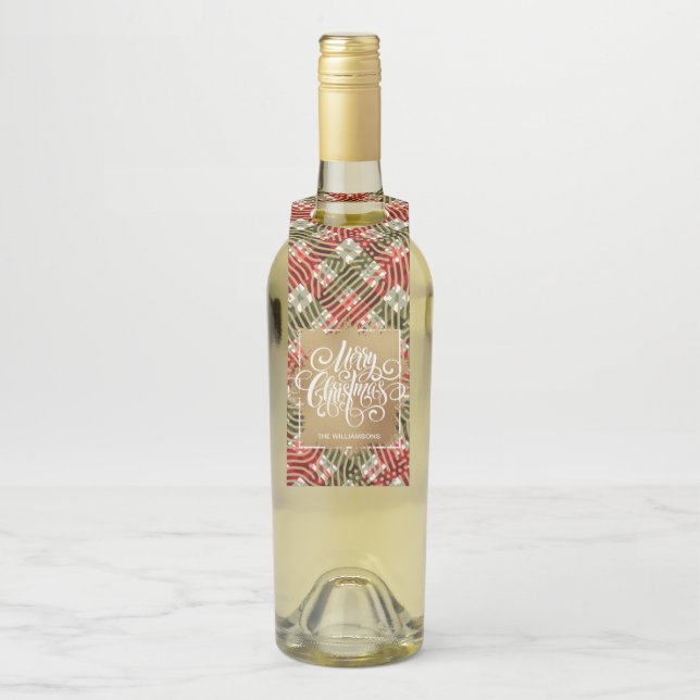 Gold Merry Christmas on Plaid Bottle Tag (On Bottle)