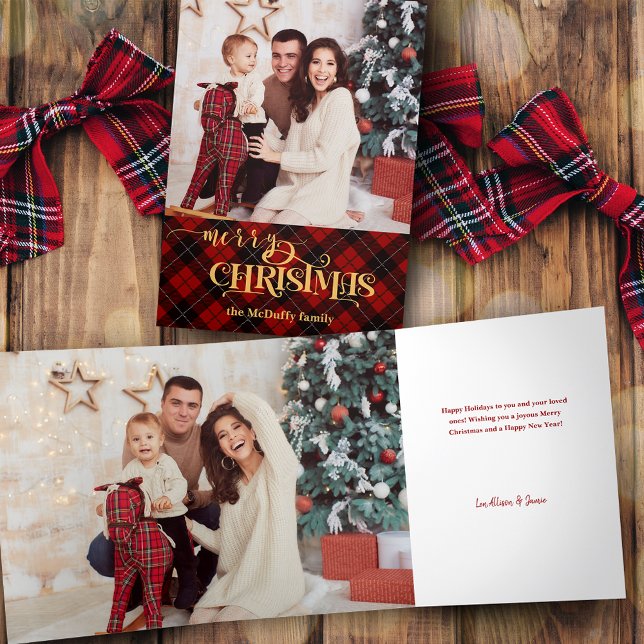 Gold Merry Christmas on Red Tartan Photo Tri-Fold Card (Creator Uploaded)