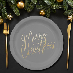 Gold Merry Christmas on Silver Gray Paper Plate
